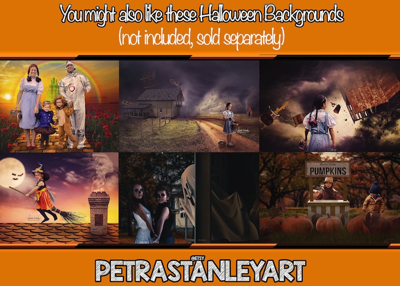 May include: A collage of six Halloween-themed digital backgrounds featuring a variety of scenes, including a witch on a broomstick, a spooky house, a tornado, and a pumpkin patch. The backgrounds are perfect for creating spooky and fun Halloween photos.