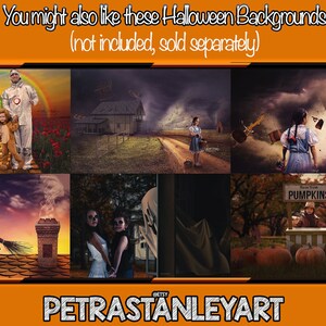 May include: A collage of six Halloween-themed digital backgrounds featuring a variety of scenes, including a witch on a broomstick, a spooky house, a tornado, and a pumpkin patch. The backgrounds are ideal for creating spooky and fun Halloween photos.