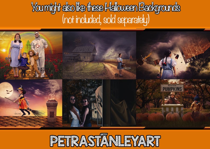 May include: A collage of six Halloween-themed digital backgrounds featuring a variety of scenes, including a witch on a broomstick, a spooky house, a tornado, and a pumpkin patch. The backgrounds are ideal for creating spooky and fun Halloween photos.