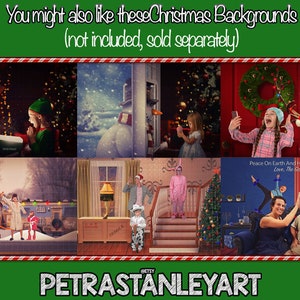 May include: A collage of digital backgrounds featuring various Christmas scenes, including Santa Claus, a snowman, a Christmas tree, and a family celebrating Christmas. The text "You might also like these Christmas Backgrounds (not included, sold separately)" is at the top of the image. The text "Peace On Earth And Happy Everything. Love, The Golabergs" is at the bottom of the image.