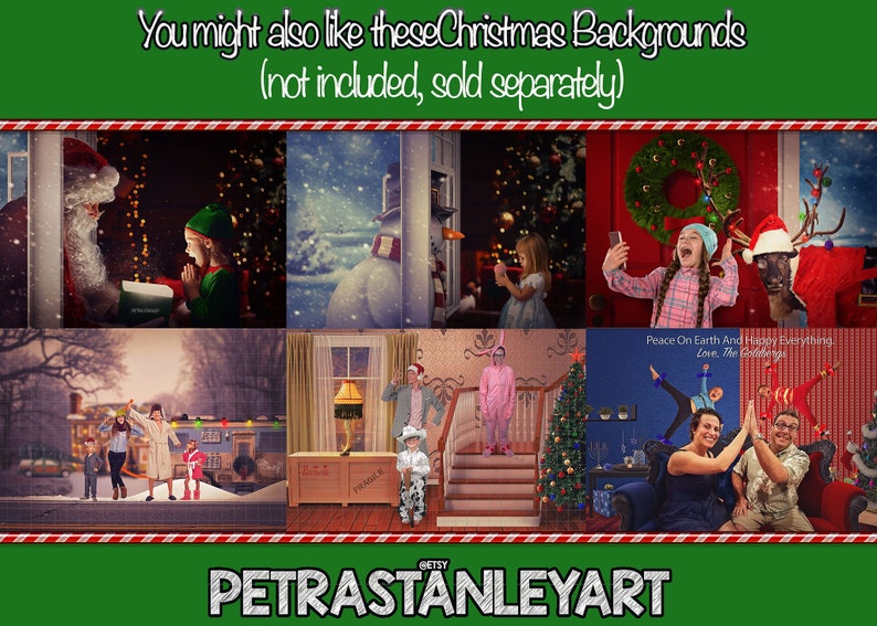 May include: A collage of digital backgrounds featuring various Christmas scenes, including Santa Claus, a snowman, a Christmas tree, and a family celebrating Christmas. The text "You might also like these Christmas Backgrounds (not included, sold separately)" is at the top of the image. The text "Peace On Earth And Happy Everything. Love, The Golabergs" is at the bottom of the image.