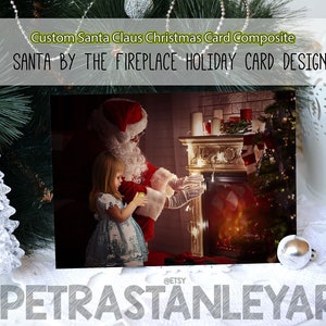 Digitale levering, aangepaste kerstfotokaart kerstman, kerstman bij de open haard samengestelde kerstkaart, kerstfoto bewerken, Photoshop
