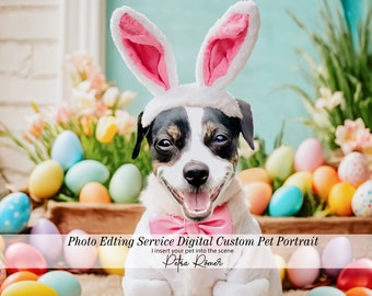 May include: A white and black dog wearing pink bunny ears and a pink bow tie, surrounded by colorful Easter eggs.