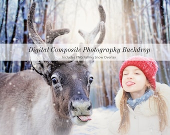 Reindeer Closeup with Tongue Sticking Out Digital Backdrop with Snow Overlay, Santa's Reindeer Christmas Composite Photography Background