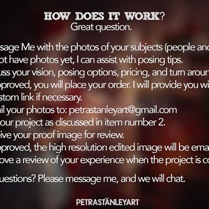 May include: A white text graphic on a blurred background explains how to order custom portraits. The text includes the steps involved in the process, such as messaging the artist with photos, discussing the vision, and receiving a proof image. The graphic also includes the artist's email address: petrastanleyart@gmail.com. The text ends with "Still have questions? Please message me, and we will chat."