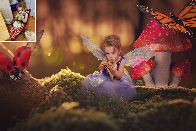 May include: A young girl dressed as a fairy plays a pan flute in a whimsical forest setting. She is surrounded by mushrooms and a butterfly. The scene is filled with soft, warm lighting.