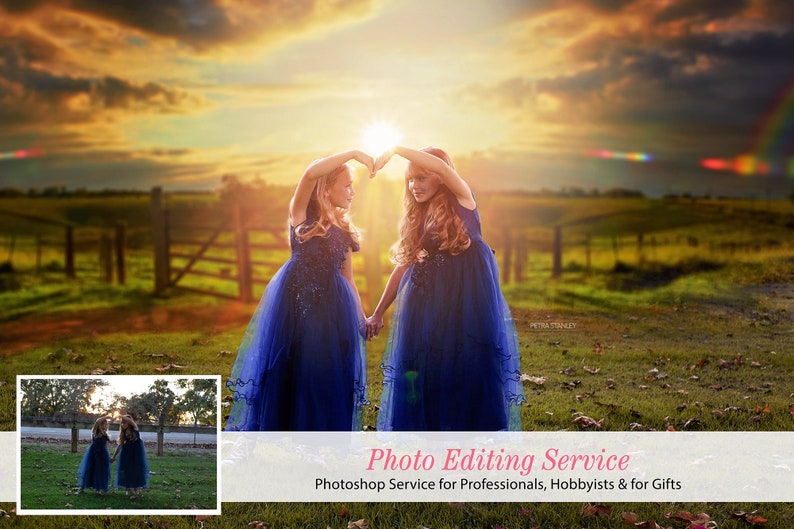May include: Two girls in blue dresses stand in a field with a sunset in the background. They are holding hands and making a heart shape with their arms. The text "Photo Editing Service" is at the bottom of the image.