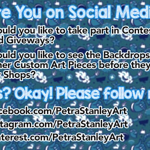May include: A blue and white graphic with the text "Are You on Social Media?" and "Yes? Okay! Please follow me:" followed by links to Facebook, Instagram, and Pinterest pages for PetraStanleyArt.
