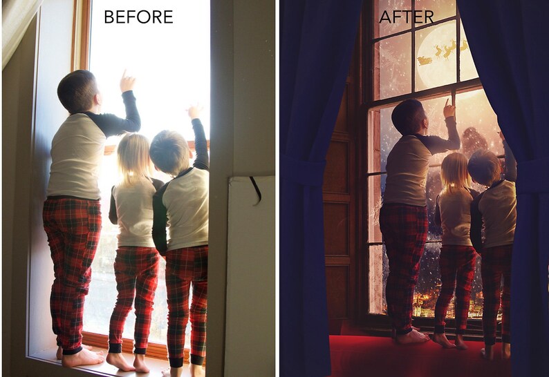 May include: Three children in red and white checked pyjamas look out of a window at a snowy scene. The window is decorated with snowflakes and a flying Father Christmas. The text "AFTER" is visible above the window.