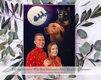 Digital Delivery, 4 Subjects, Funny 80s Glamour Shots/Double Exposure in Space Santa Retro Christmas Card Photoshop Edit
