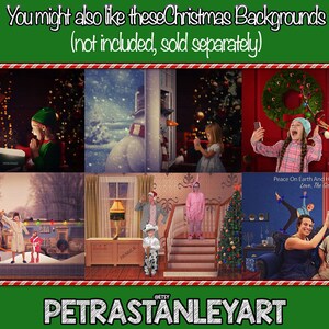 May include: A collage of digital backgrounds featuring various Christmas scenes, including Santa Claus, a snowman, a Christmas tree, and a family celebrating Christmas. The text "You might also like these Christmas Backgrounds (not included, sold separately)" is at the top of the image. The text "Peace On Earth And Happy Everything. Love, The Golabergs" is at the bottom of the image.