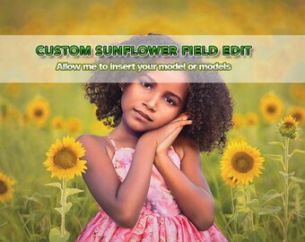 May include: A young girl with curly brown hair is standing in a field of sunflowers. She is wearing a pink floral dress and has her hands clasped together in front of her. The sunflowers are in full bloom and the background is a soft, blurry yellow.