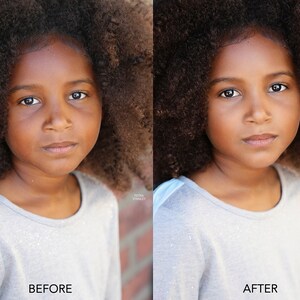 May include: Before and after photo of a young girl with curly hair. The photo on the left shows the girl with a more natural look, while the photo on the right shows the girl with her skin smoothed and brightened.