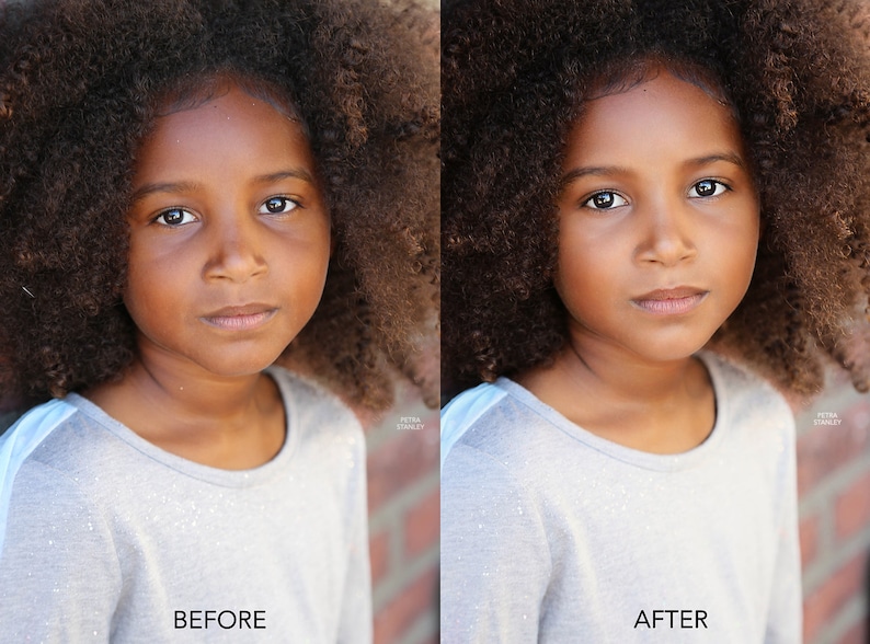May include: Before and after photo of a young girl with curly hair. The photo on the left shows the girl with a more natural look, while the photo on the right shows the girl with her skin smoothed and brightened.