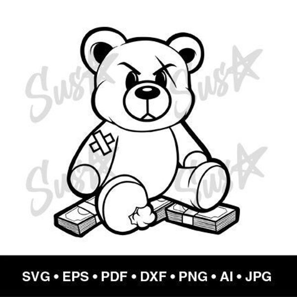 Teddy Bear 2 Money Dollars Stacks Cash Streetwear Clipart, Svg for cricut, Printable & Instant Download