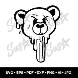 May include: Black and white illustration of a melting teddy bear with stitches on its face. The bear is dripping down a stick.