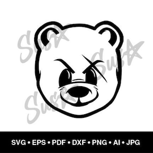 Peut inclure: Illustration en noir et blanc d'un visage d'ours avec une expression espiègle. L'ours a de grands yeux ronds et un petit nez noir.