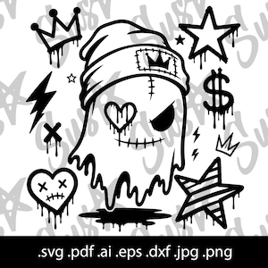 May include: A black and white digital graphic featuring a central ghost character wearing a beanie with a crown patch. The ghost has a heart-shaped eye, a stitched mouth, and a dripping effect. Surrounding elements include a crown, stars, a lightning bolt, a dollar sign, and a heart with stitched eyes.
