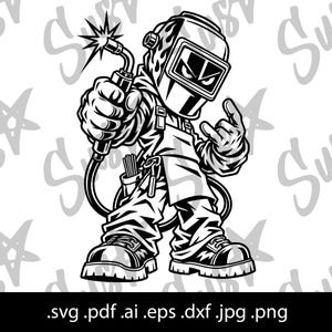 May include: A black and white graphic illustration of a welder wearing a protective helmet with flame details, holding a welding torch in one hand and making a hand gesture with the other. The character wears an apron and heavy boots.