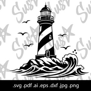 May include: A black and white graphic illustration of a lighthouse with diagonal stripes, positioned on a rocky base surrounded by crashing ocean waves. Several birds are depicted flying in the sky around the lighthouse structure.