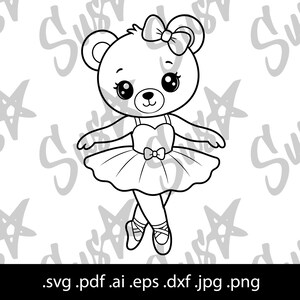 May include: A black and white line art illustration of a cartoon bear wearing a ballerina tutu, a bow on its head, and ballet slippers. The bear is standing in a dance pose. The text .svg .pdf .ai .eps .dxf .jpg .png appears at the bottom.
