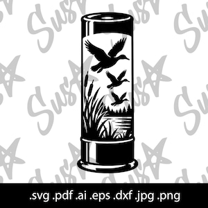 May include: A black and white graphic design of a shotgun shell featuring a silhouette of three flying ducks, cattails, and a forest landscape by a body of water. The text .svg .pdf .ai .eps .jpg .png is displayed at the bottom of the image.