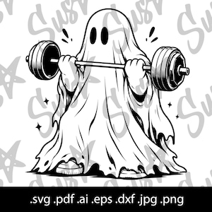 Ghost Weightlifting SVG, Gym Ghost Vector, Cute Fitness Ghost Cut File, Barbell Workout SVG, Halloween Gym Cricut Design