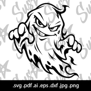 May include: A black and white graphic illustration of a cartoon ghost with an aggressive expression, sharp teeth, and a stitch mark on its cheek. The ghost is reaching forward with both hands, featuring flowing, tattered edges at the bottom.