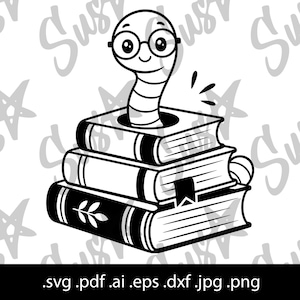 かわいい本の虫のSVG、読書虫のクリップアート、白黒の本好きデザイン、オタクな読書家のPNG、教師用図書館のCricutカットファイル