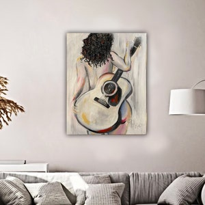 Framed Original Signed Oil Canvas Painting Contemporary Figurative Art Abstract Nude Woman with Guitar Minimalist Vibe Music Theme image 6