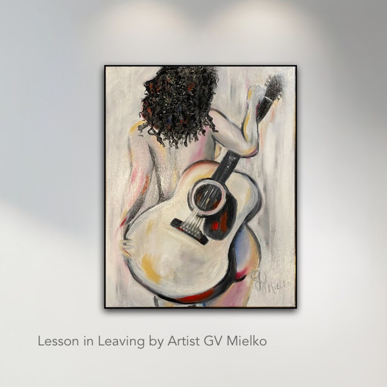 Framed Original Signed Oil Canvas Painting Contemporary Figurative Art Abstract Nude Woman with Guitar Minimalist Vibe Music Theme image 1