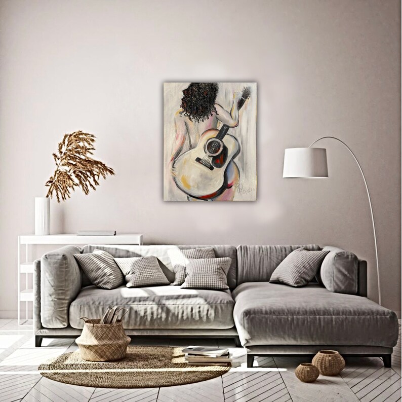 Framed Original Signed Oil Canvas Painting Contemporary Figurative Art Abstract Nude Woman with Guitar Minimalist Vibe Music Theme image 6