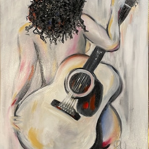 Framed Original Signed Oil Canvas Painting Contemporary Figurative Art Abstract Nude Woman with Guitar Minimalist Vibe Music Theme image 2