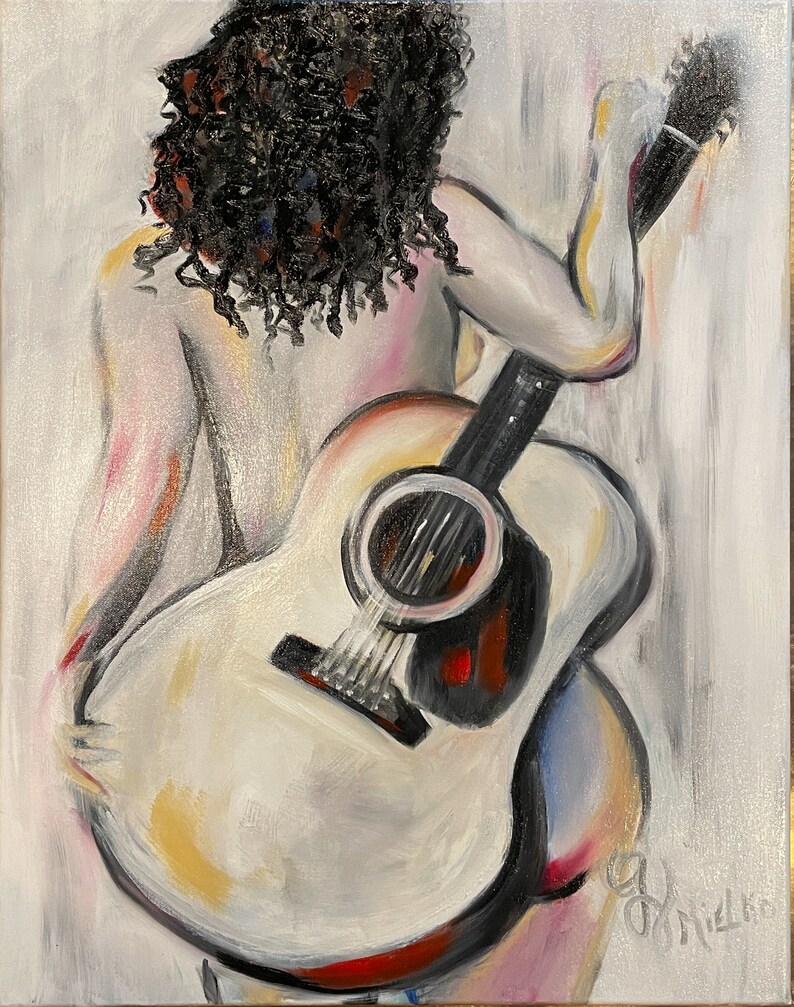 Framed Original Signed Oil Canvas Painting Contemporary Figurative Art Abstract Nude Woman with Guitar Minimalist Vibe Music Theme image 2