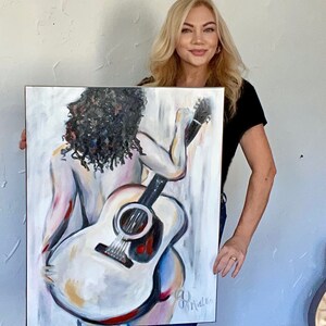 Framed Original Signed Oil Canvas Painting Contemporary Figurative Art Abstract Nude Woman with Guitar Minimalist Vibe Music Theme image 5