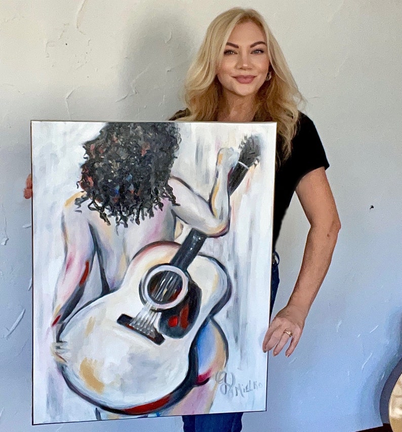 Framed Original Signed Oil Canvas Painting Contemporary Figurative Art Abstract Nude Woman with Guitar Minimalist Vibe Music Theme image 5