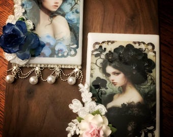 Vintage Lady Refrigerator Magnets. Set of two