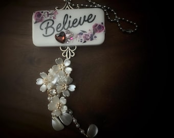 Believe, Domino Purse Charm or mirror hanger. Purple