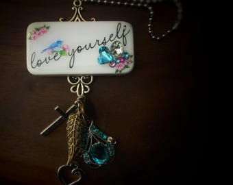 Love Yourself, Domino Purse Charm. Pink and blue