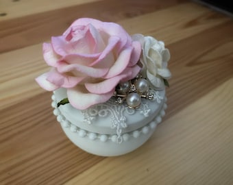 Floral Jewelry, Coin, Treat and Pill Storage Jar. Pink, White and Purple Jar