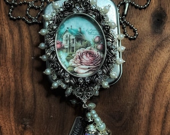 Pill Box Tin Necklace. Extra long necklace