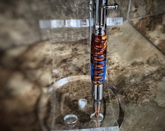 Copper, Gold and Blue Hand Turned Resin 50 Caliber Bolt Action Pen with honeycomb insert in resin
