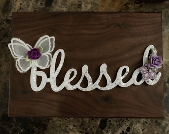 Purple Floral Butterfly Blessed Wooden word for crafting