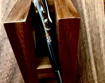 Brown, Gold, White resin, Hand Turned Pen. Fine point, black ink, high quality