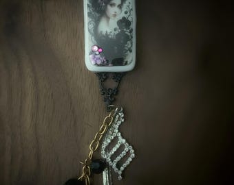 Black and White Floral Lady, Domino Purse Charm or mirror hanger. Black