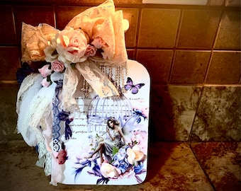 Fairy and Hummingbird Wooden Shabby Chic Bottle Shelf Sitter.