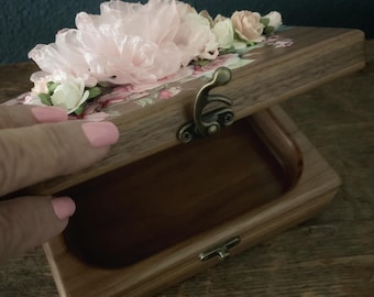 Walnut Wooden Floral Jewelry Box.