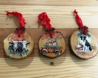 On the Farm Christmas Ornament set. Set of three (Dog, Cows, Bunnies)