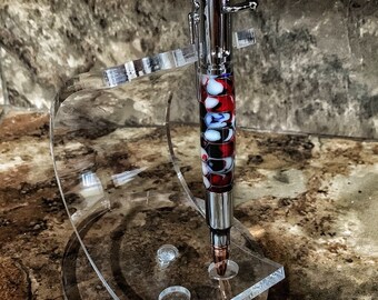 Red, White, and Blue Hand Turned Resin 50 Caliber Bolt Action Pen with honeycomb insert in resin