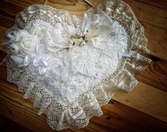 White Lace and Roses Puffy heart wall hanger